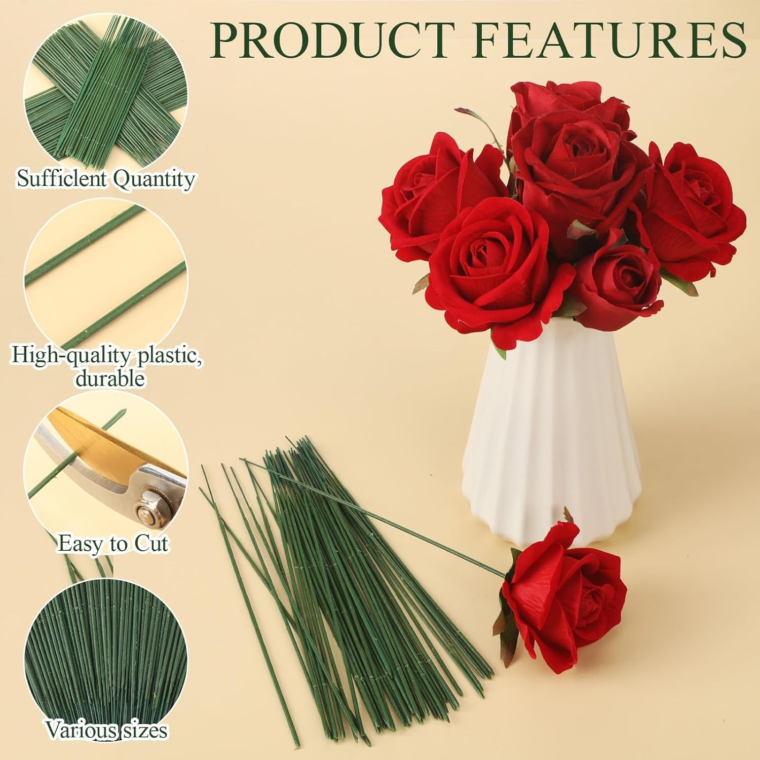 300pcs Artificial Flower Stems 6.7in、8in、10in Plastic Green Floral Wire Stems
