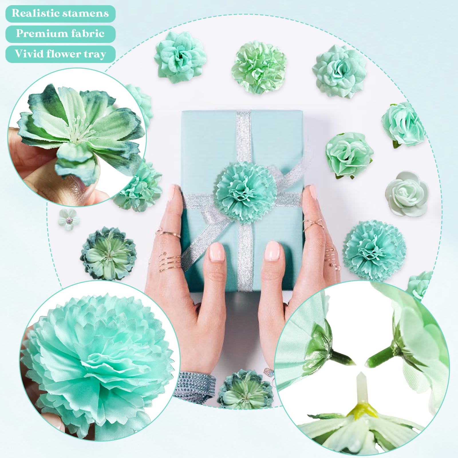 Mini Artificial Flowers Heads Mint Green Silk Peony Daisy Rose Mix 70 PCS Set