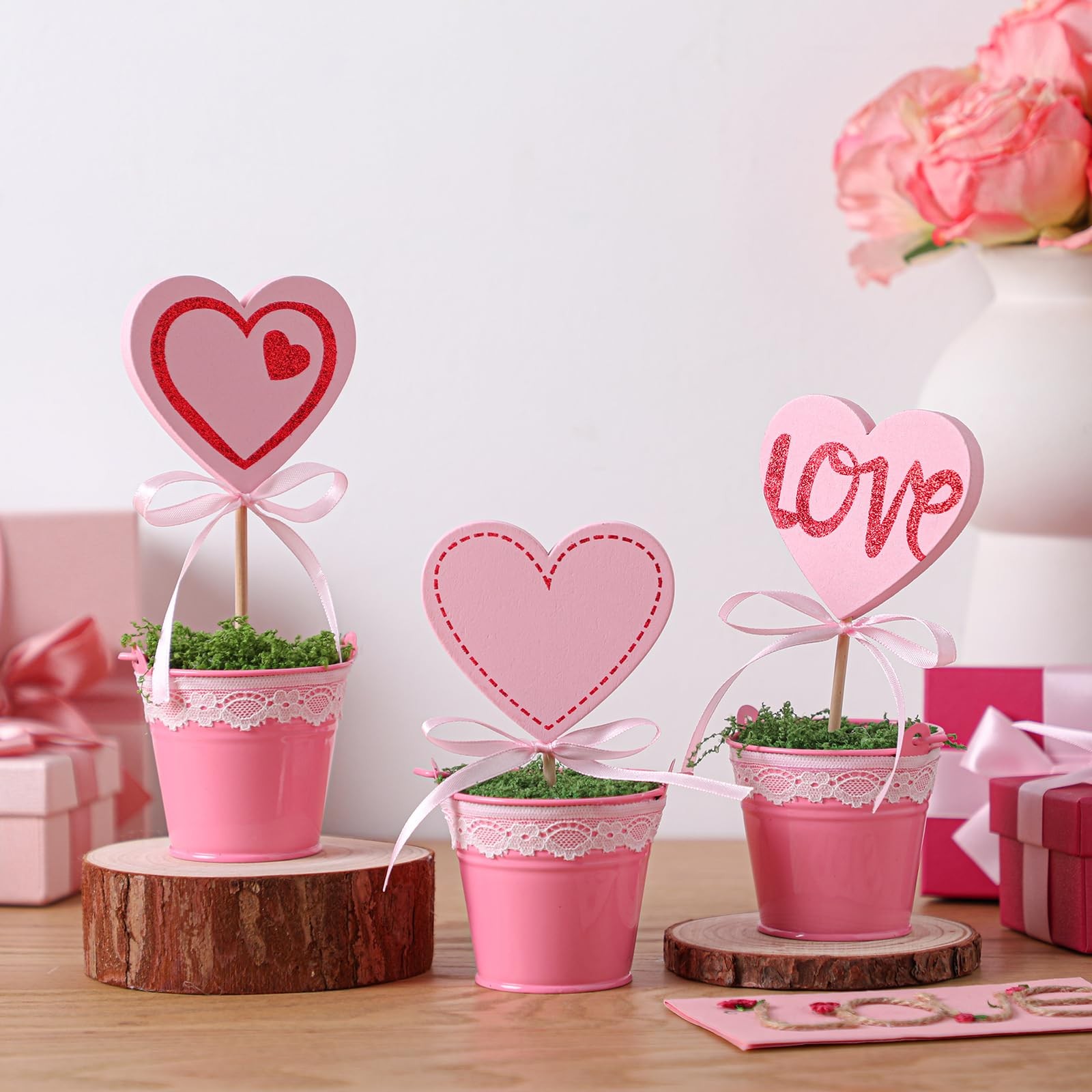 3 PCS Valentine Glitter Heart Topiary Tree Artificial Pink 5.57 Inch Pot