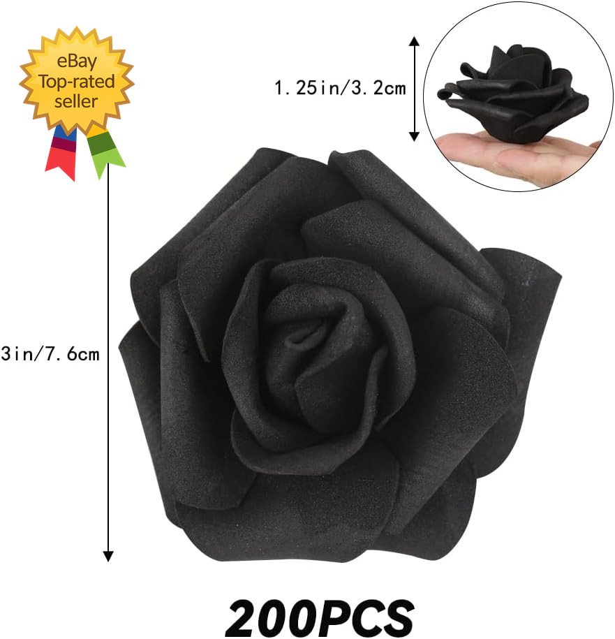 200Pcs Black Artificial Foam Rose Heads 3 Inch Fake Foam Roses Stemless DIY Set