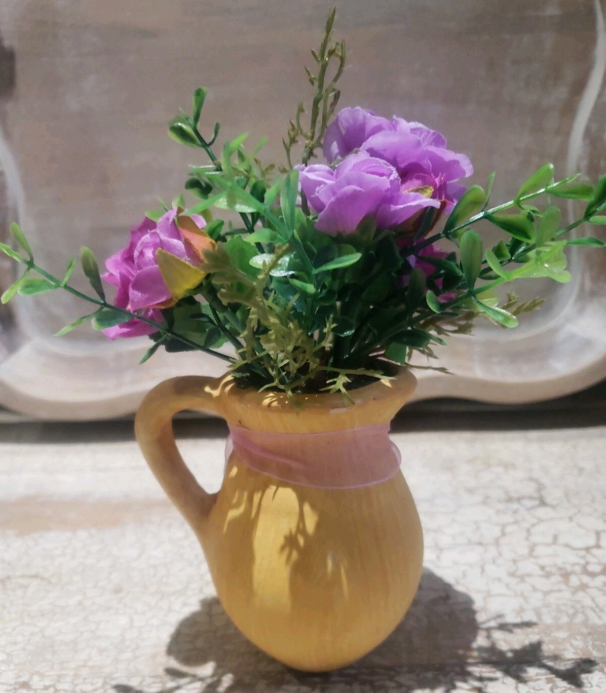 Purple Greenery Floral Arrangement Table Home Decor Pottery Pitcher 7″ TALL