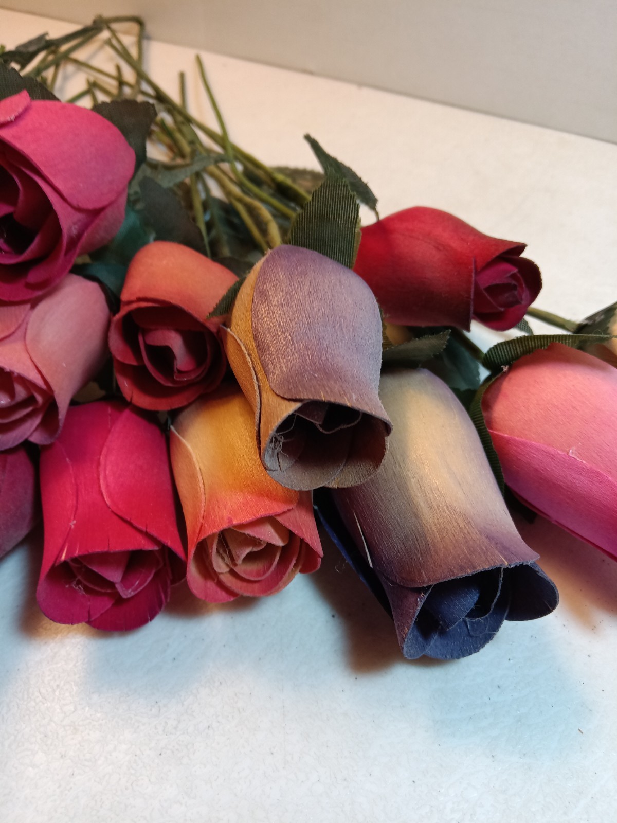 Bundle Of 17 Shaved Wood Rose Buds on stems, Assorted Colors