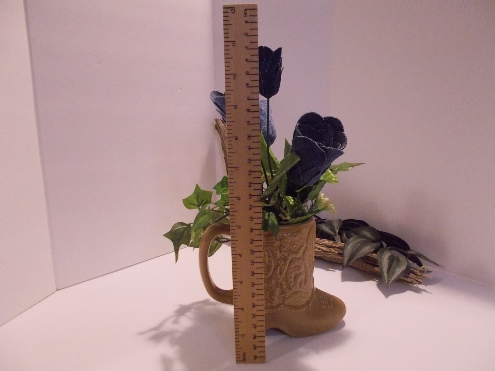 Western Cowboy Boot Cup with Handmade Denim Rose Arrangement – Upcycled Decor
