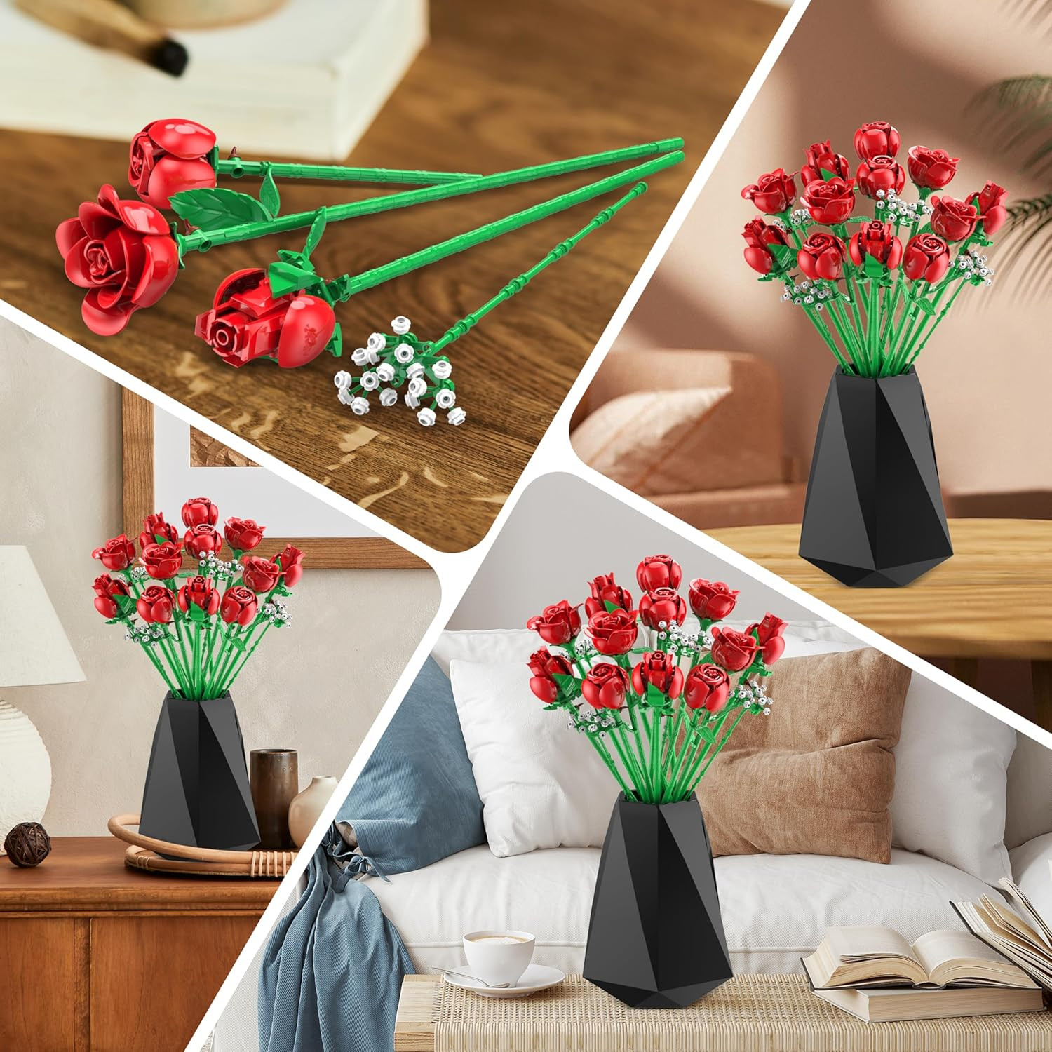 Red Rose Bouquet Building Set, 960PCS Roses Artificial Flowers Botanical Collect