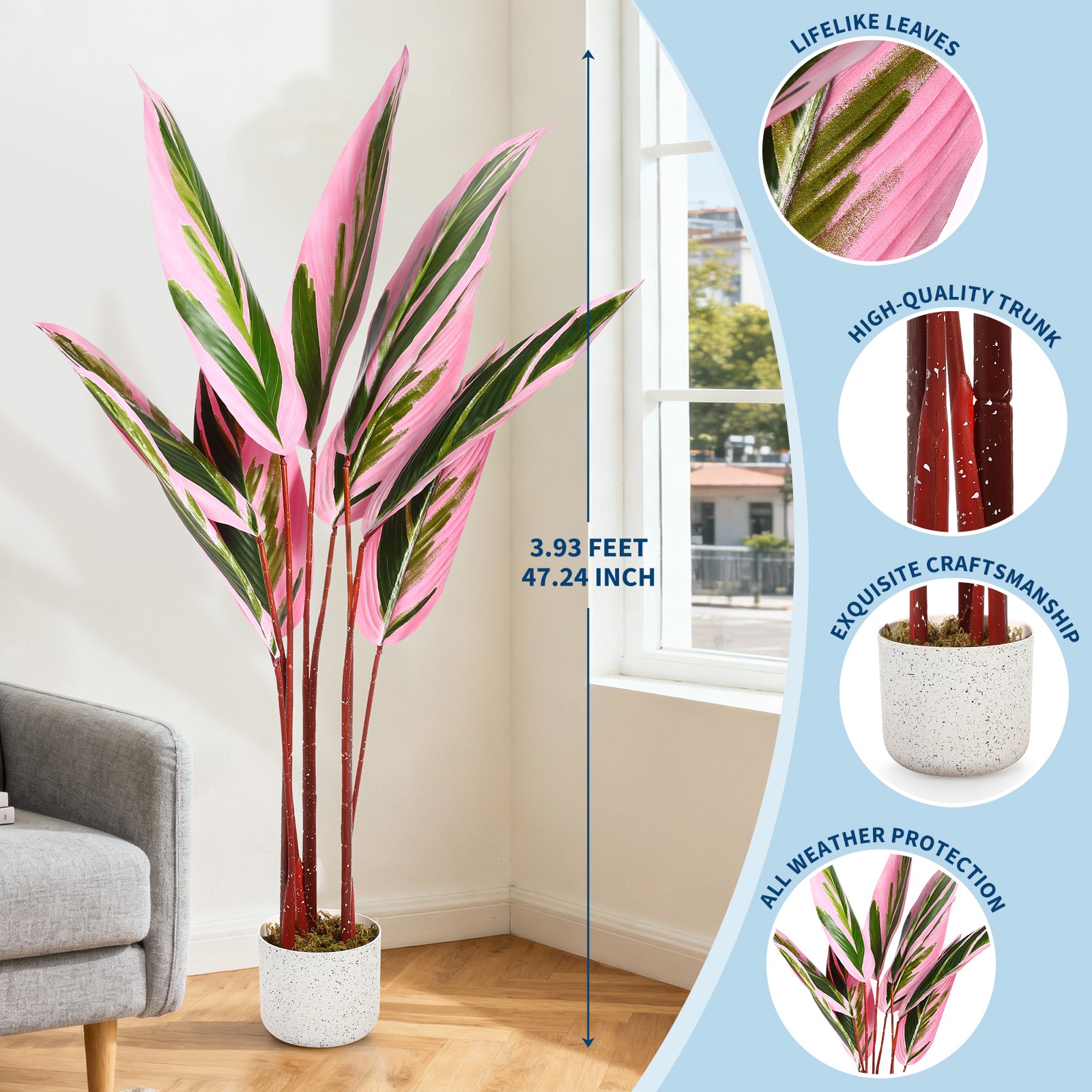 4FT Artificial Calathea Plant w/Pot Large Faux Potted Tree for Indoor & Outdoor