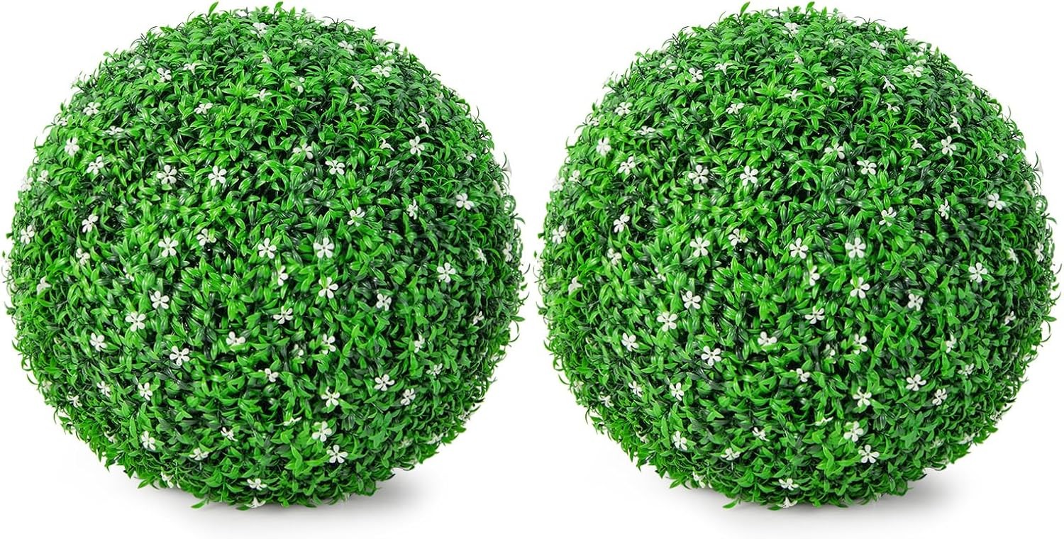 2 PCS 16 Inch Artificial Plant Topiary Ball Round Faux Boxwood Balls Outdoor