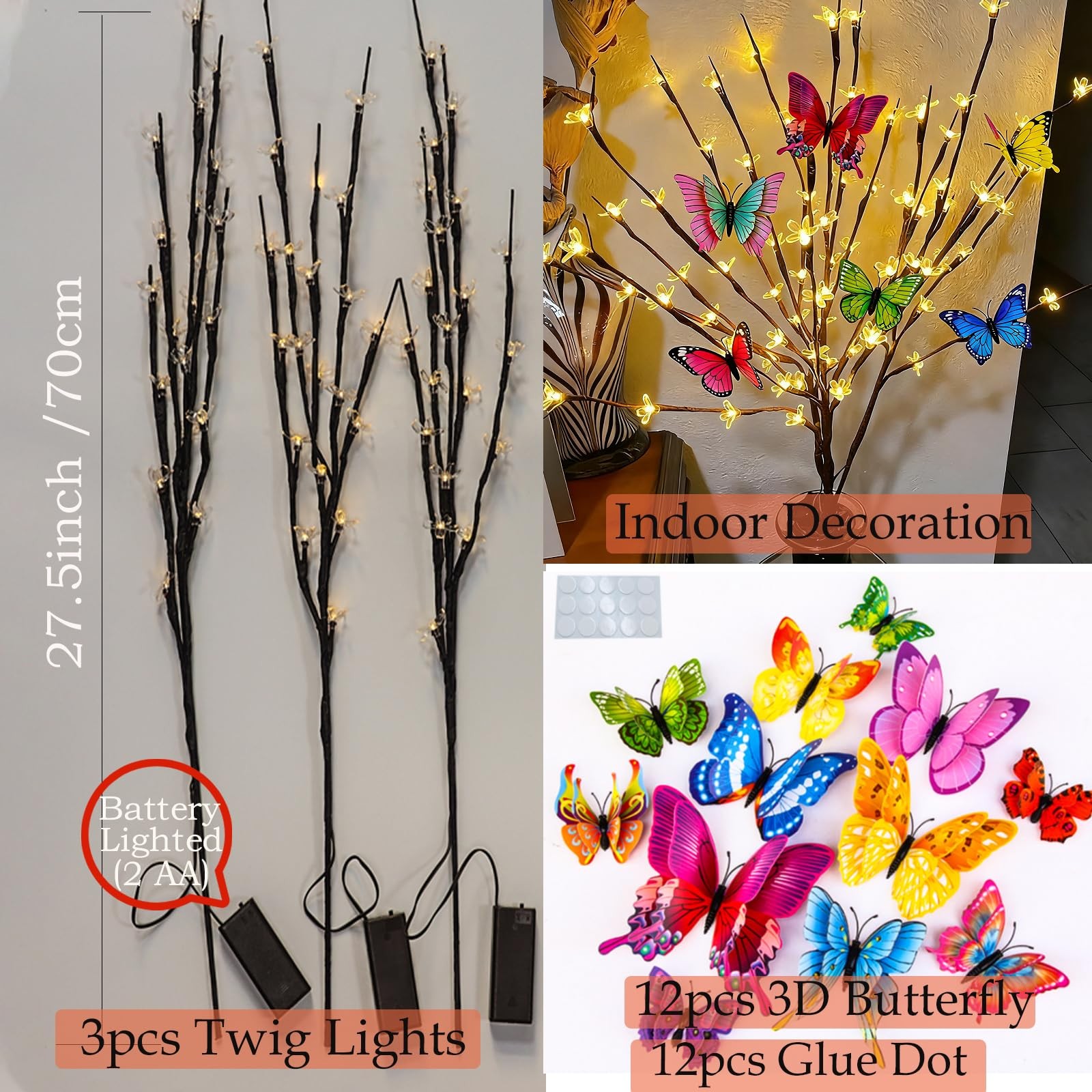 60 Battery Lighted Butterfly Twig for Indoor Vase Filler Flowers Decor