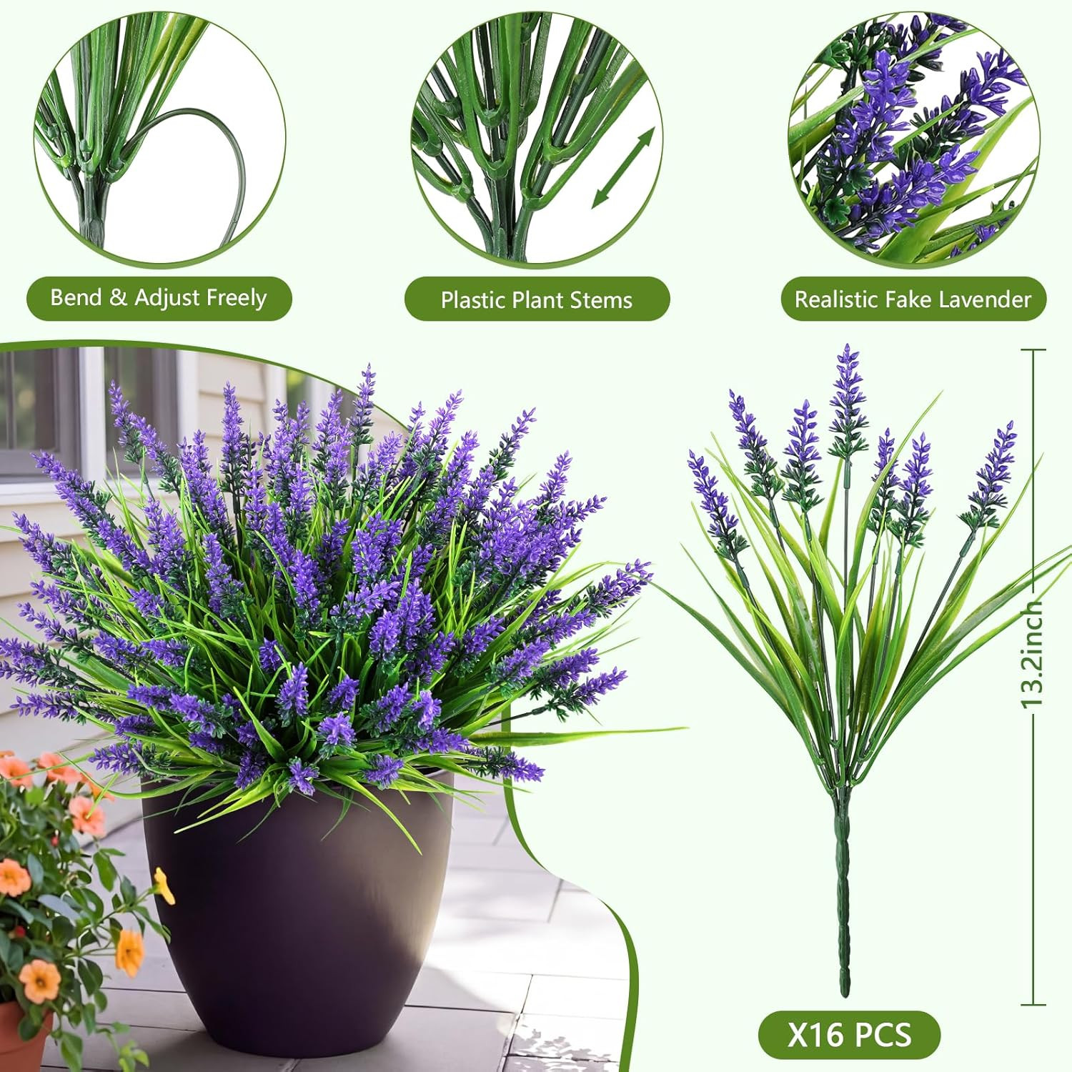 16 Bundles Faux Outdoor Plants, UV Resistant Fake Lavender & Monkey Grass, Reali