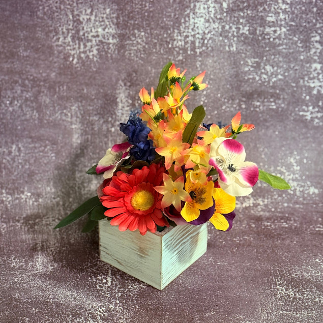 Gerbera Daisy Centerpiece Pink Faux Floral Arrangement Wooden Box Floral Decor