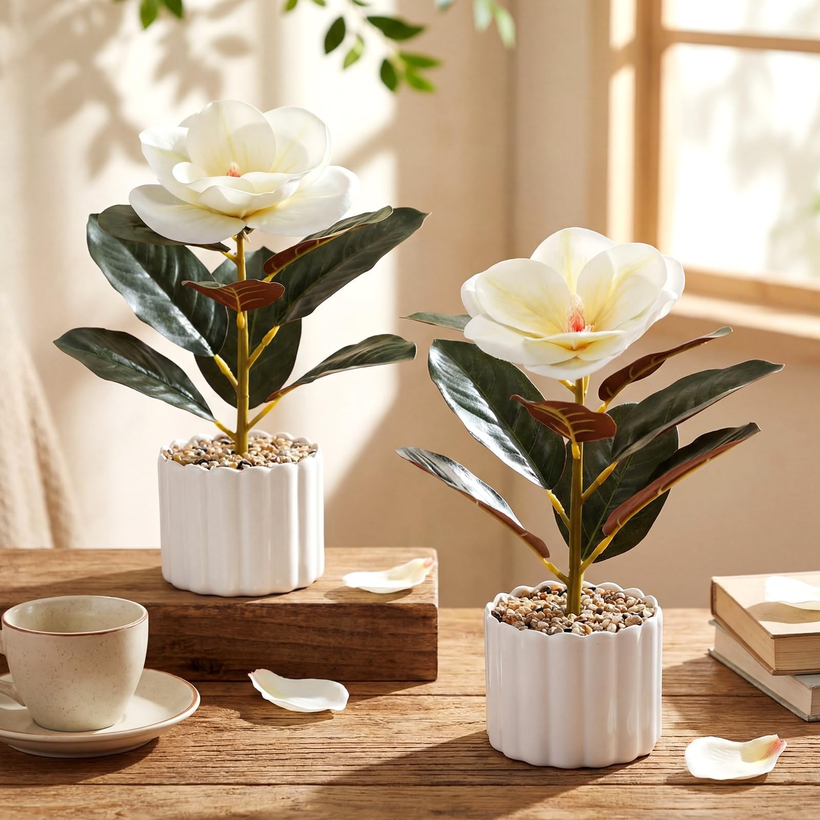 2 Pack 10.6″ Artificial Magnolia Flowers Potted Plant Real to Touch White Mag…