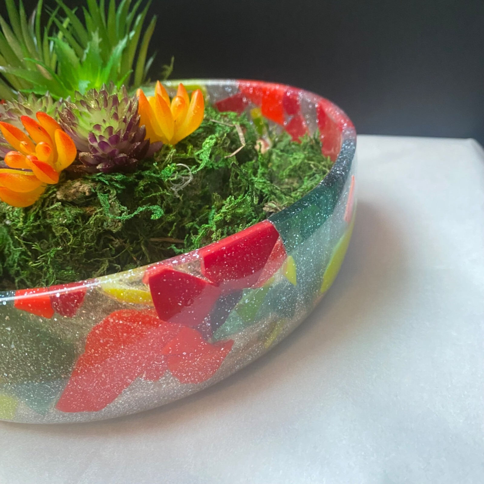 Artificial Succulent Garden In Handmade Resin Mosaic Bowl Decor