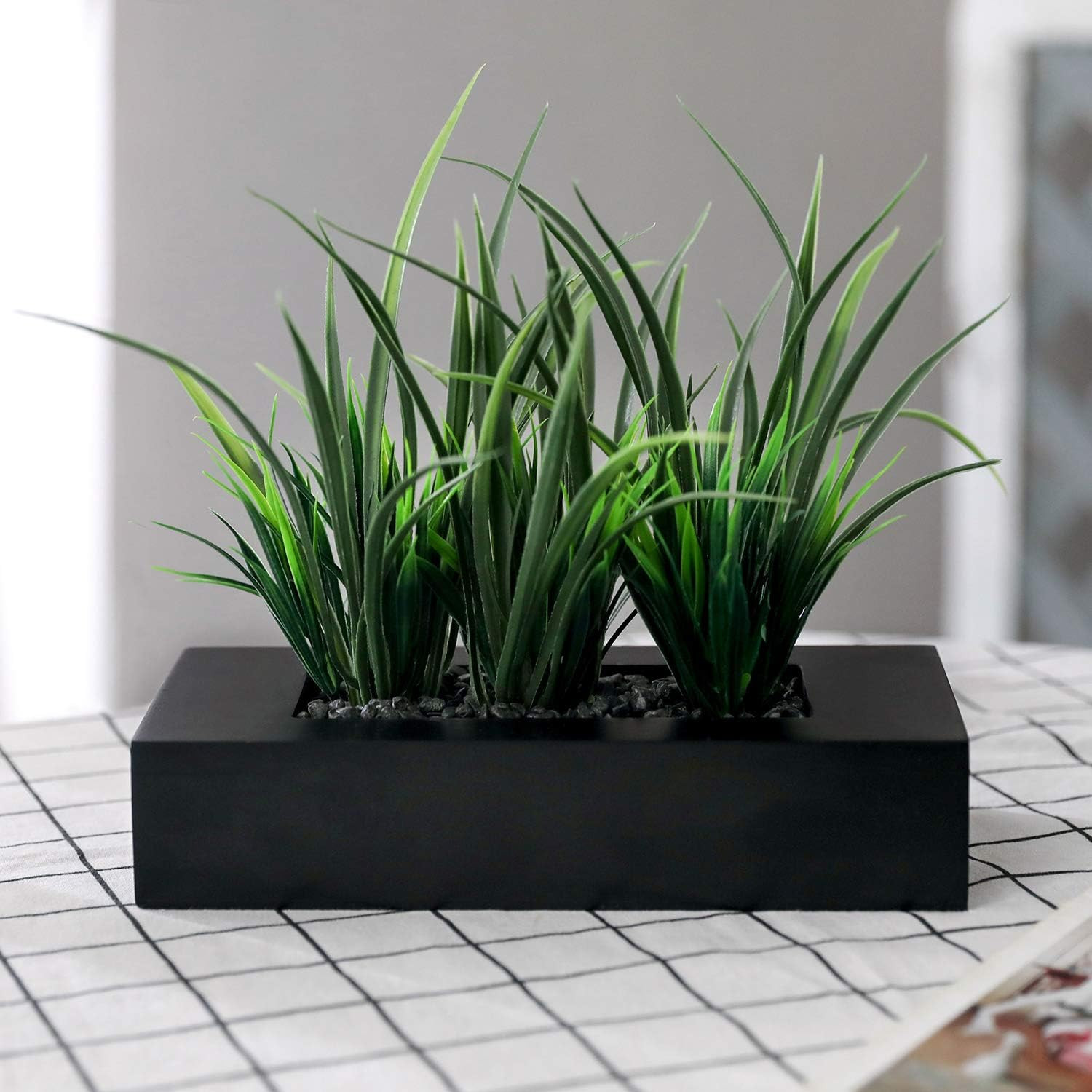 Artificial Green Grass Plants Potted in 9-Inch Matte Black Wood Decorative Plant