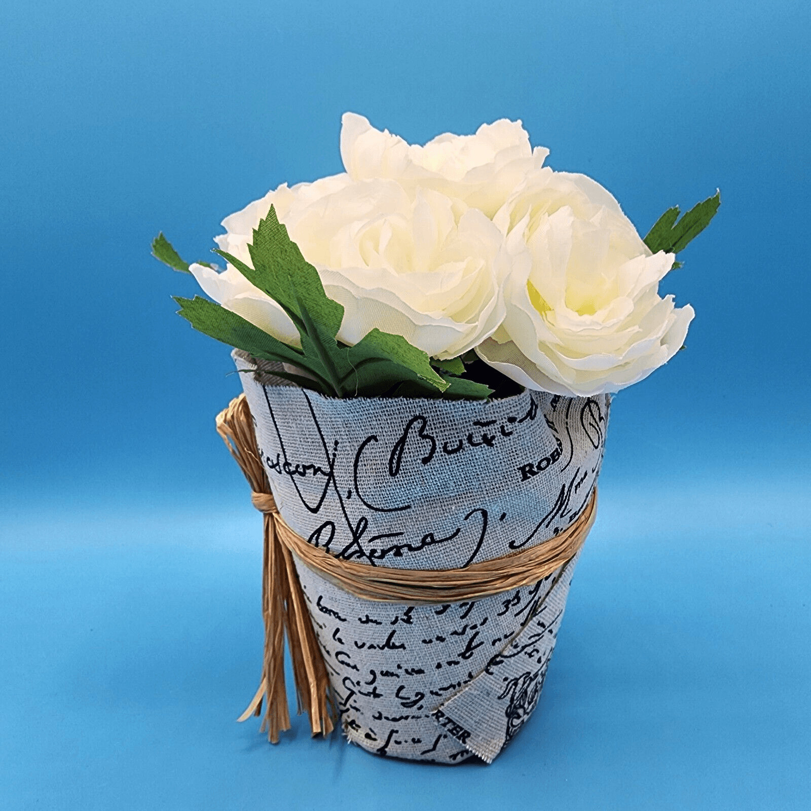 Peony Faux Floral Natural Linen Paris Themed Covered Pot 6 inch French Country