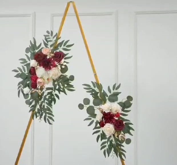 Artificial Rose & Eucalyptus Wall Hanging Decor Burgundy White Green Gold