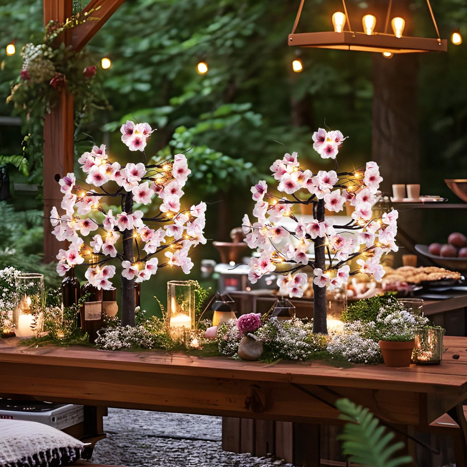2 PCS 24 Inch Lighted Cherry Blossom Tree 48 Warm White LED Tabletop Bonsai
