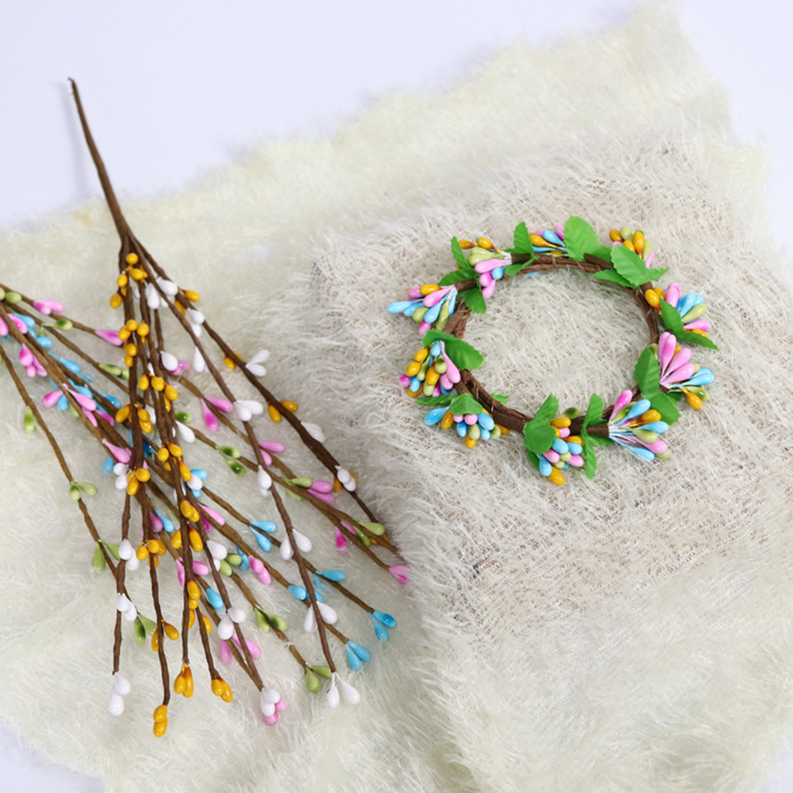White Green Pink Easter Berry Stems 30cm Decor
