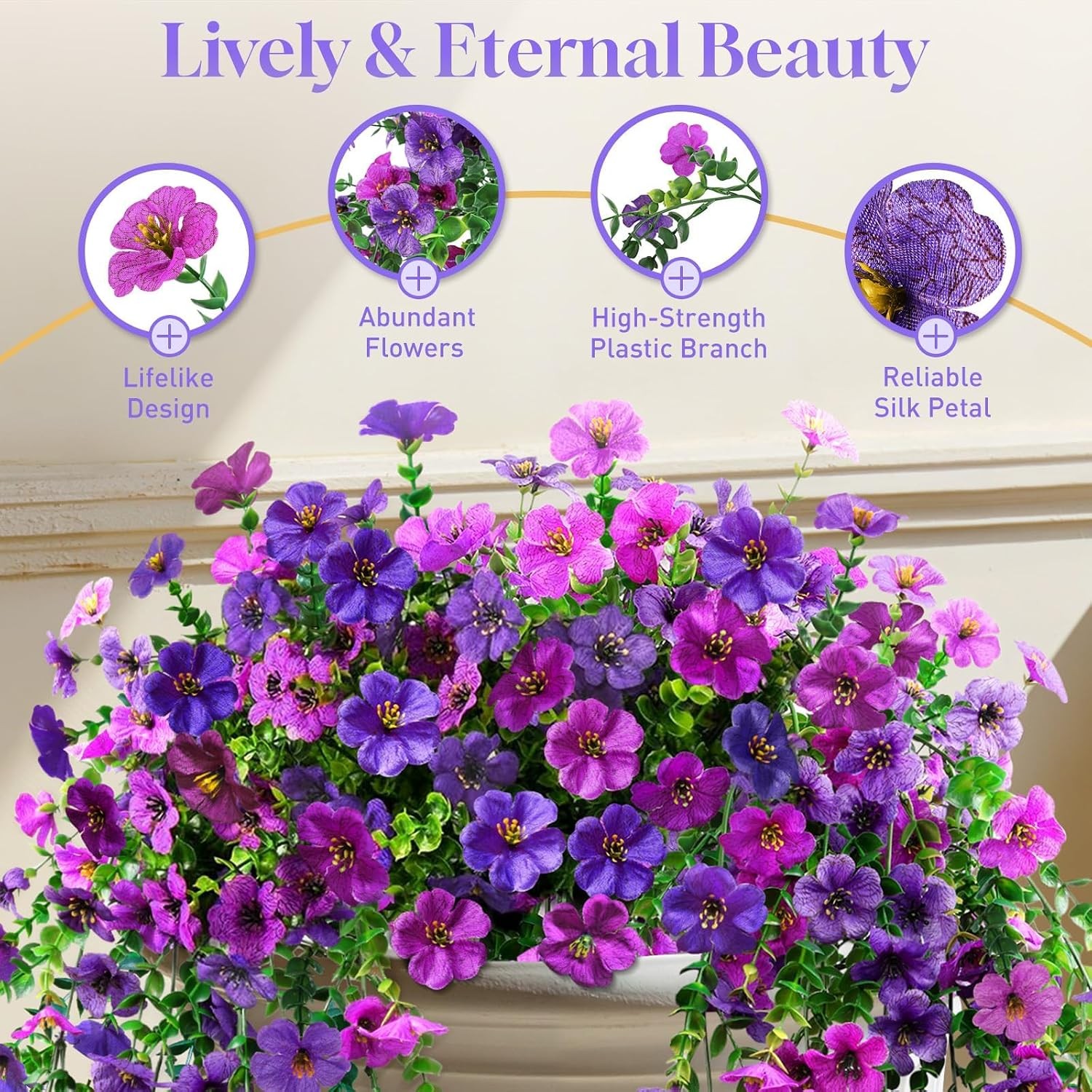 2 Pcs Artificial Hanging Flowers, UV Resistant Fake Flowers with Flexible Stems,