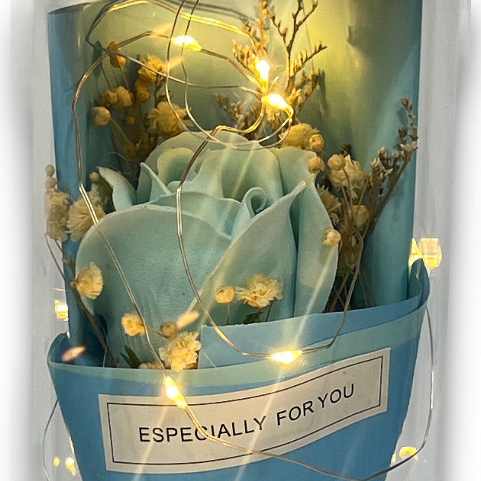 Teal Rose in Glass Dome LED Forever Flower Lamp Enchanted Mothers Day Gift