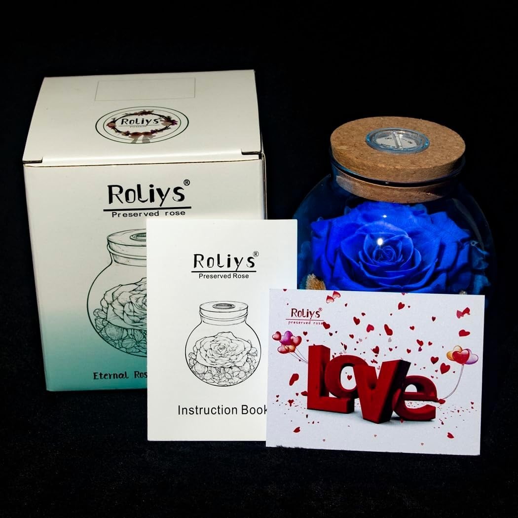Blue Preserved Rose with LED Light, Glass Bottle