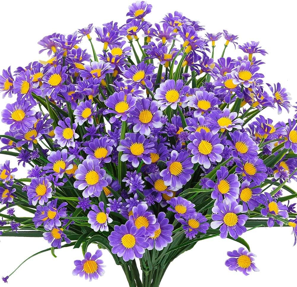 Artificial Daisies Flowers Outdoor UV Resistant 4 Bundles Fake Foliage Purple