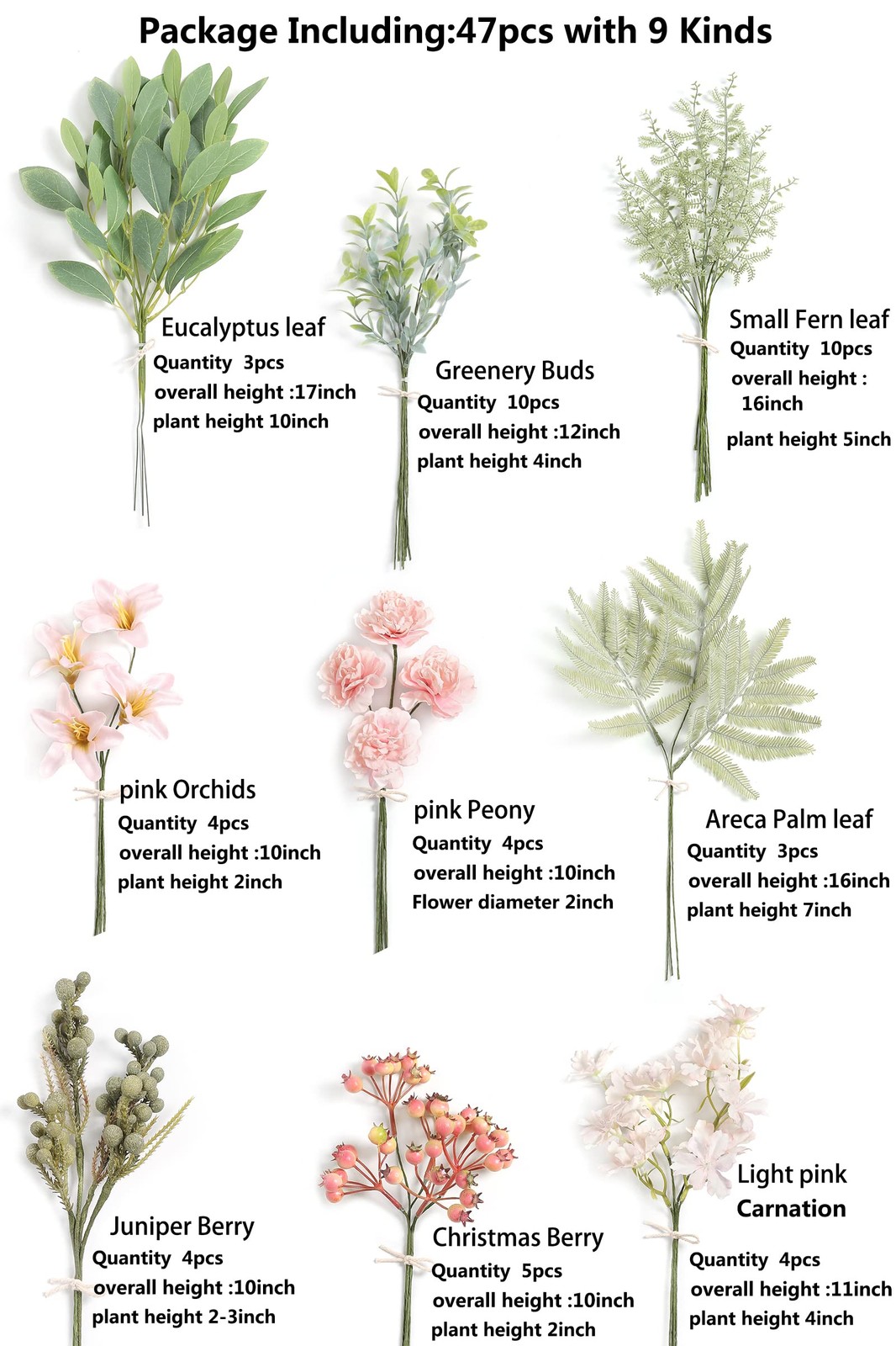 Artificial Greenery Stems Box Set,(Pack of 47pcs) with 9 Kinds of Faux Pink G…