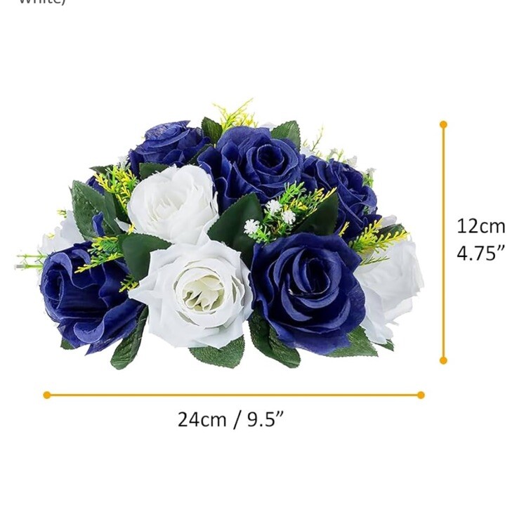 9.5” Floral Centerpiece Navy Blue White Rose Artificial Silk Set Of 2