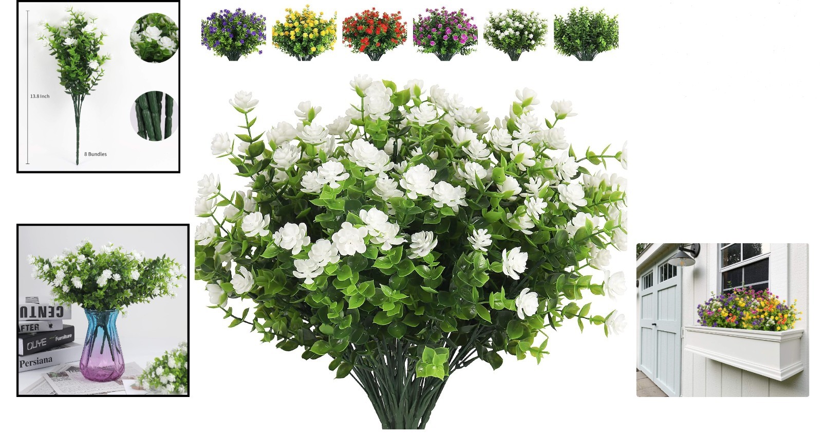 Artificial Outdoor Flowers 8 Bundles UV Resistant Faux Hydrangea&Eucalyptus D…
