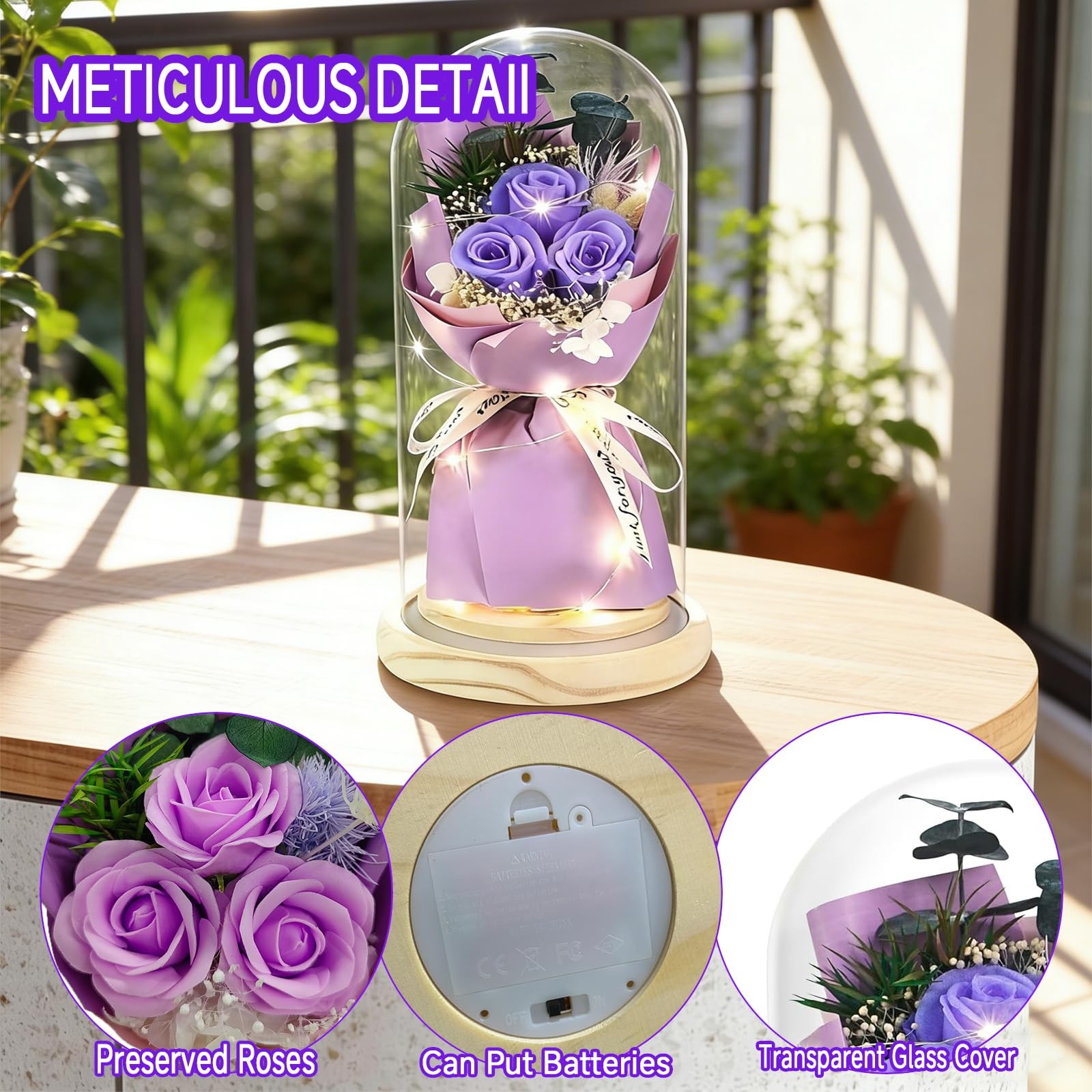 Preserved Flowers Bouquet in Glass Cloche Display Dome, Forever Purple Roses …