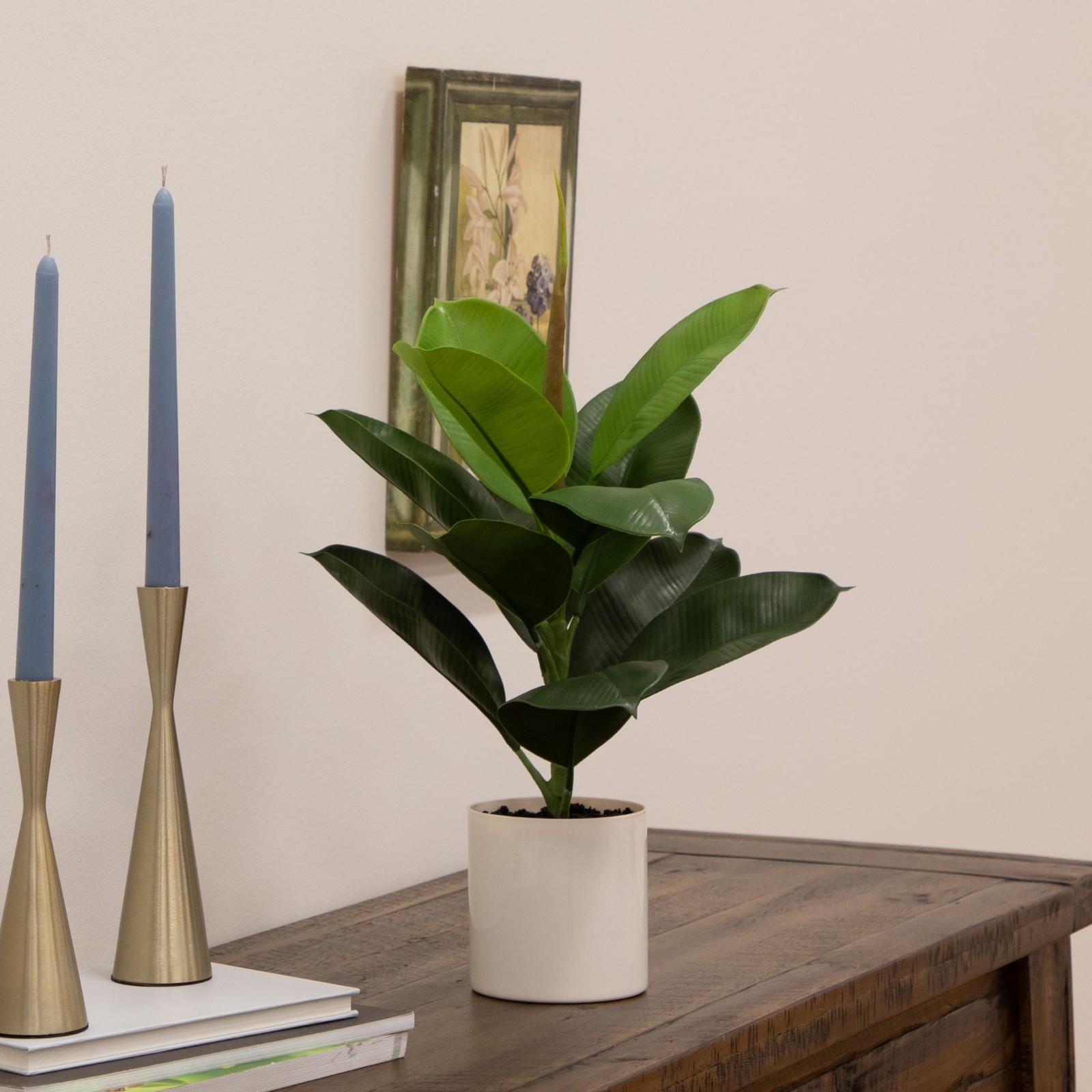 20″H Artificial Indoor Fiddle Leaf Fig Plant in Plastic Vanilla Planter