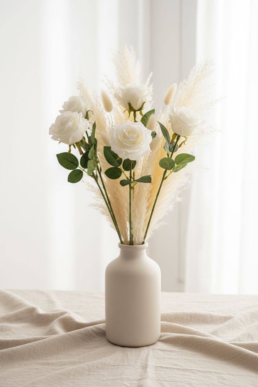 Set of 6 White Rose Stems Faux Roses Artificial White Flowers Farmhouse Wedding