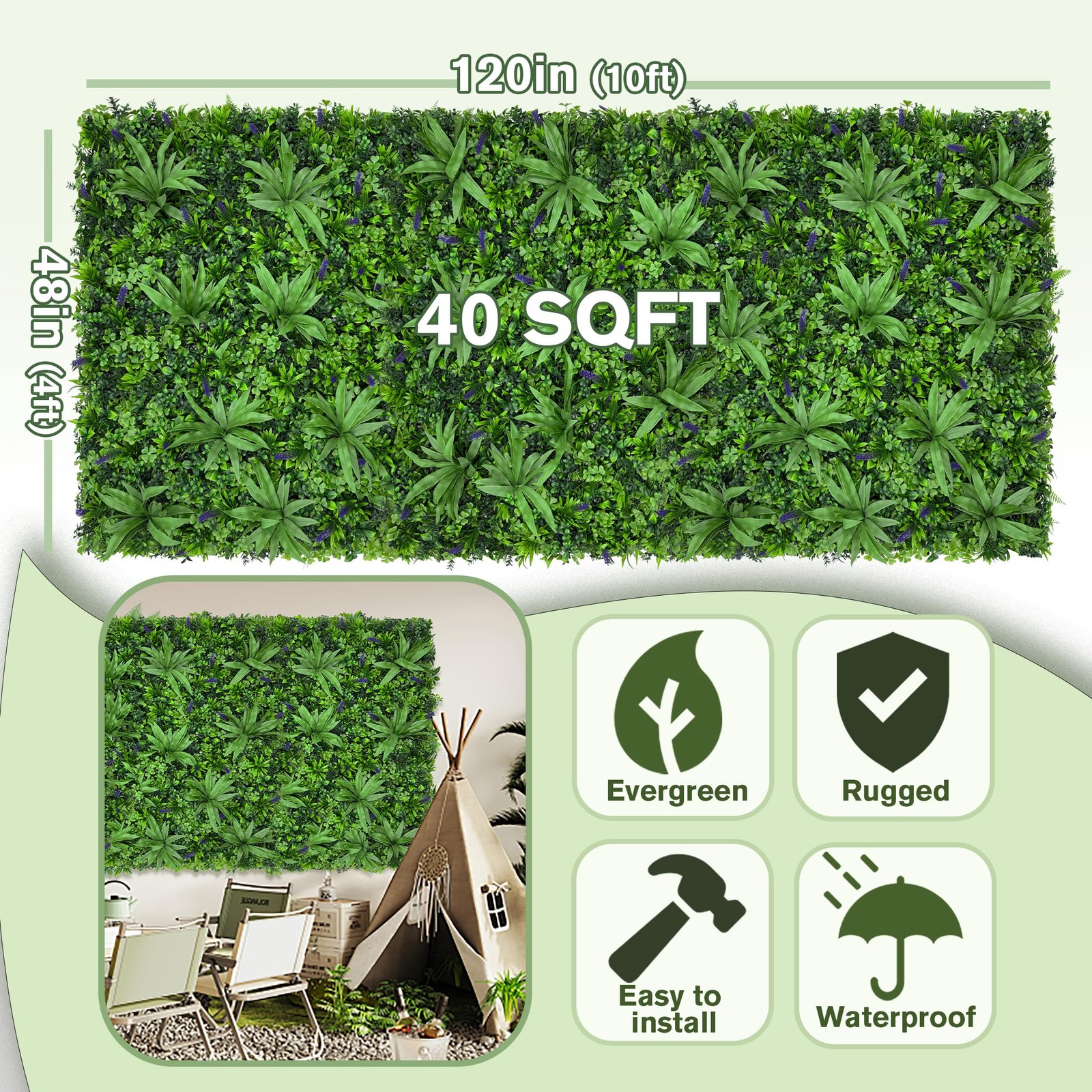 DOPGIB 48″x120″(40 SQFT), Artificial Green Grass Wall Boxwood Plant Roll