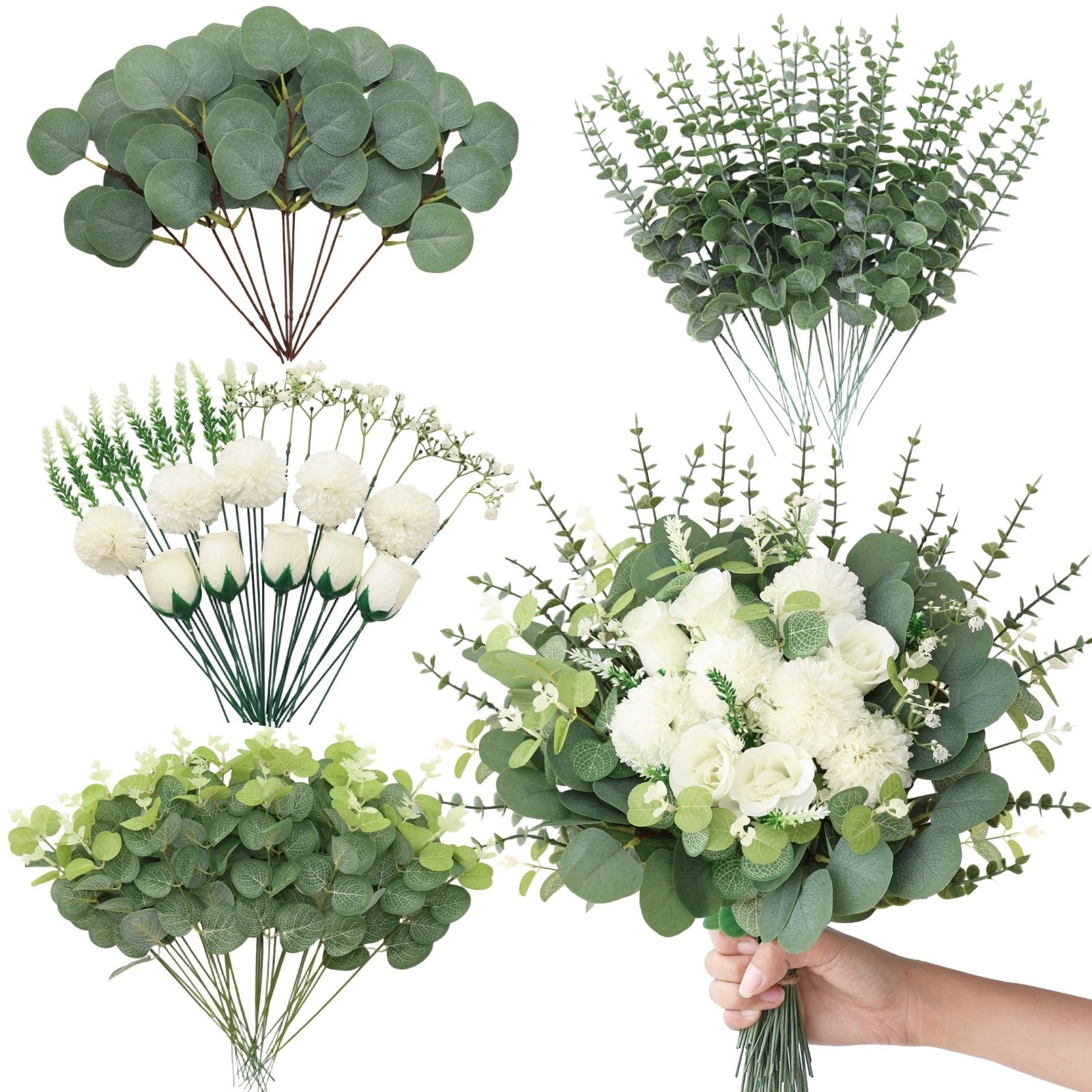 100 Pcs Artificial Mixed Eucalyptus Stems Bulk, 7 Kinds Faux Greenery Eucalyp…