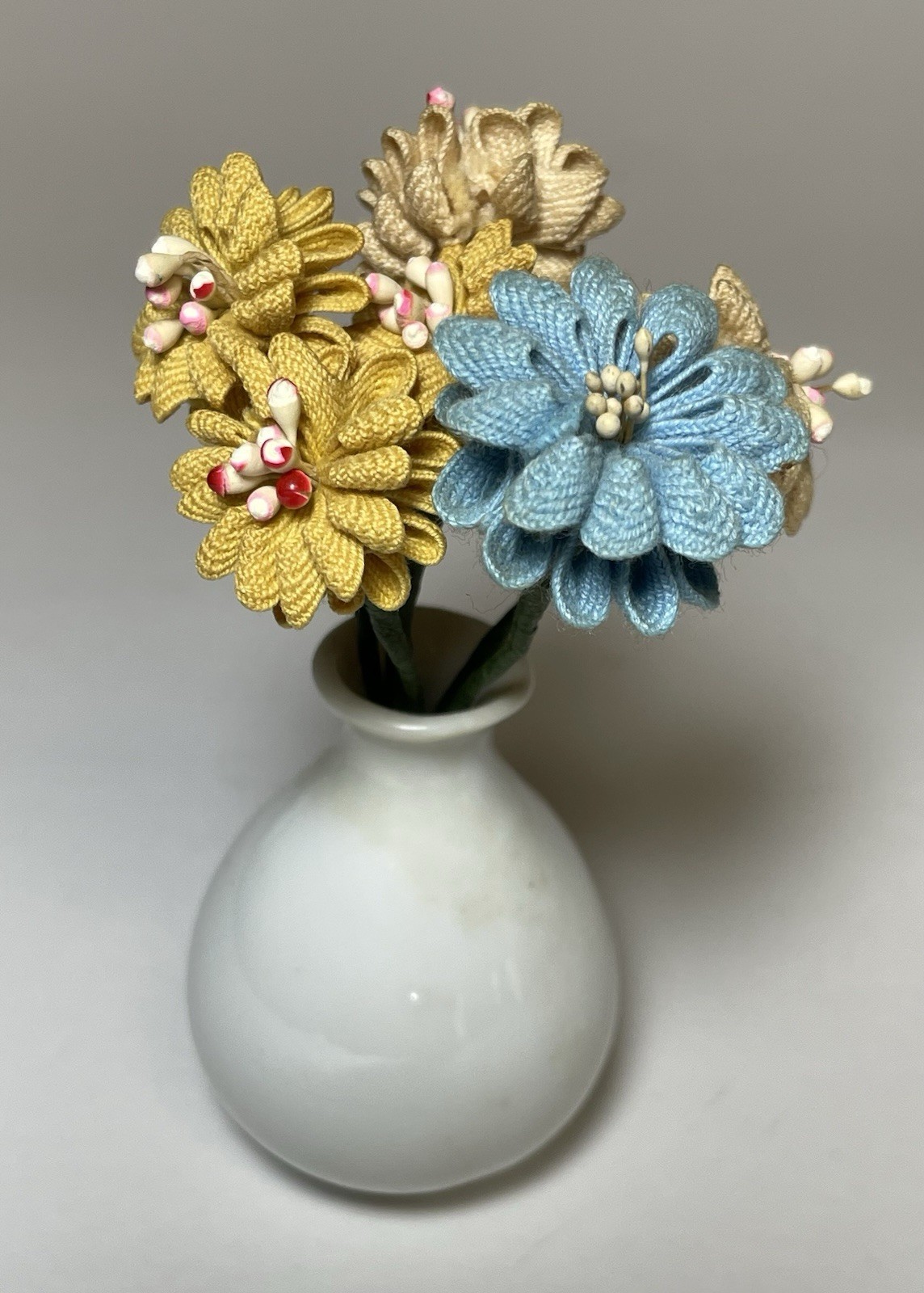 Cloth Flowers and White Ceramic Vase Miniature Decor Made in Japan 4”