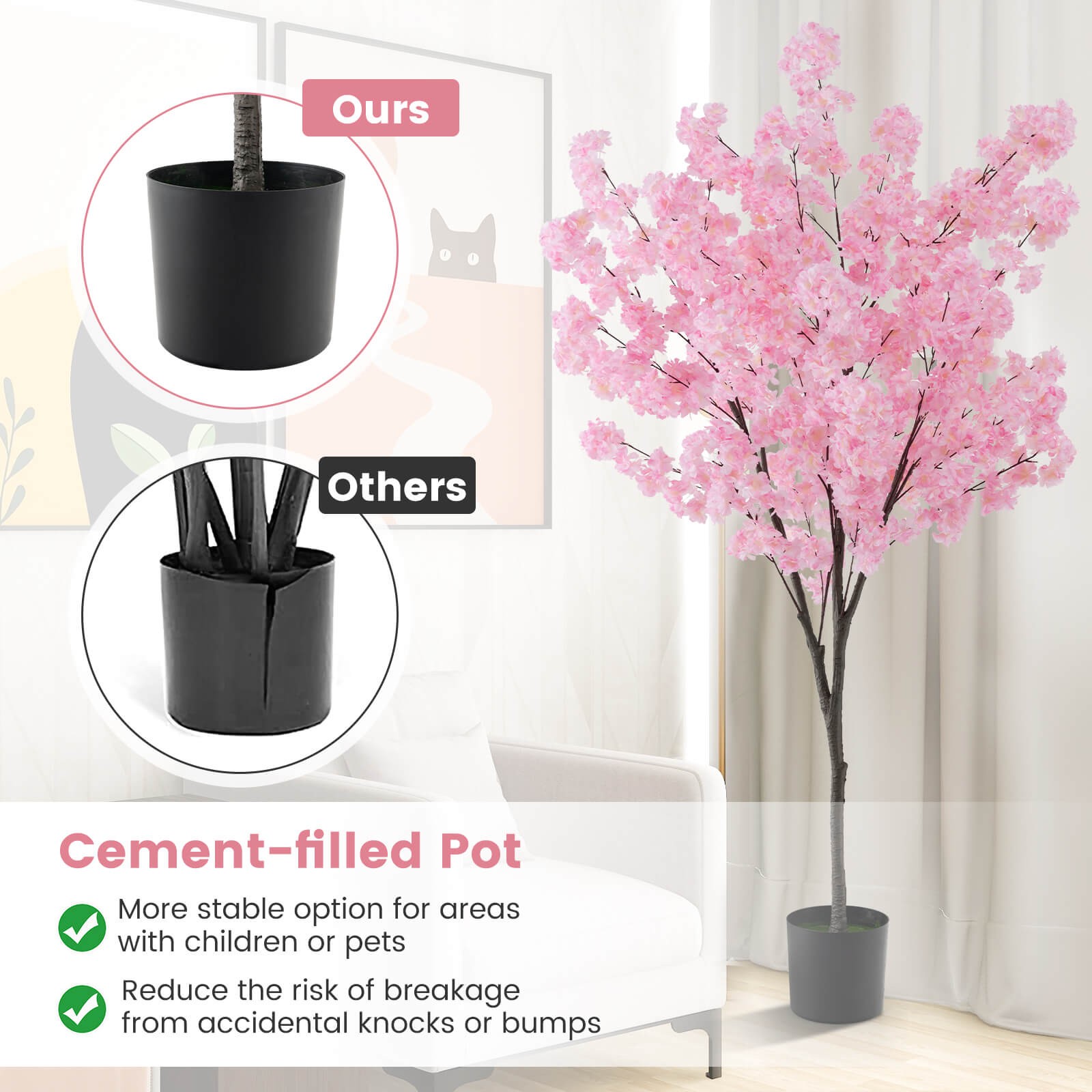 6.5 FT Tall Artificial Cherry Blossom Tree w/ 900 Pink Flowers Cement-filled