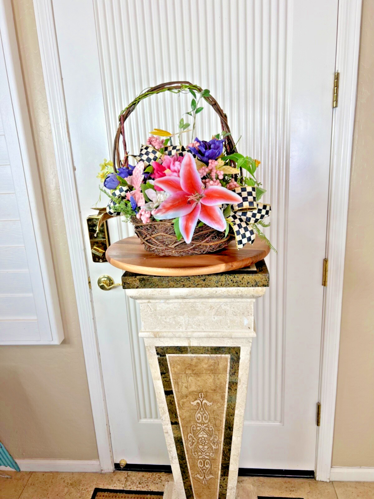 Spring-Summer Silk Flower Basket, Realistic Silk Basket, Tabletop Decor, Gifts