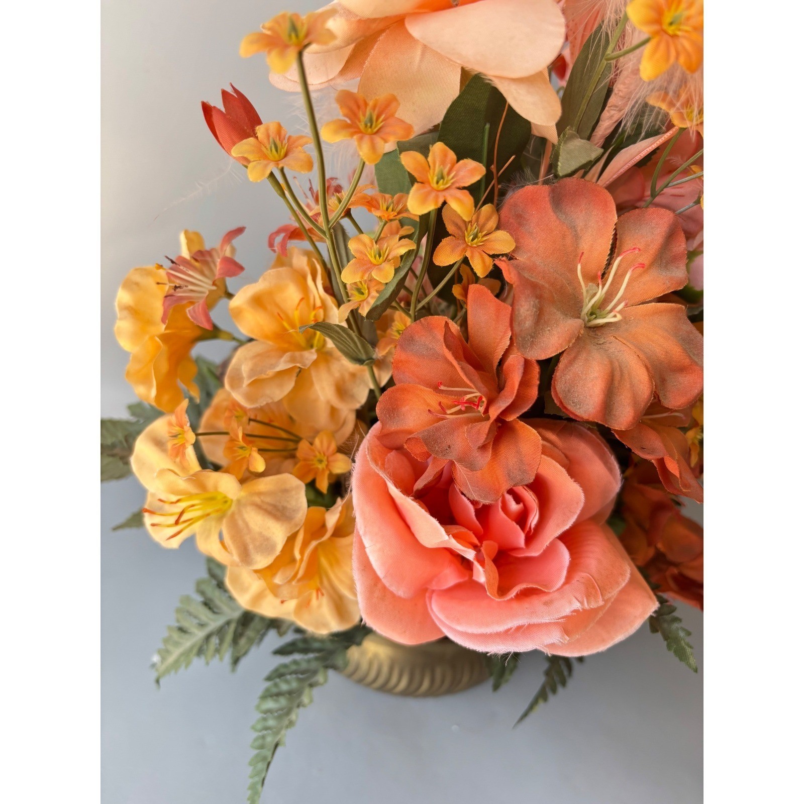 Vtg Silk Floral Arrangement Peach Feathers Roses Brass Bowl Made in India 15″
