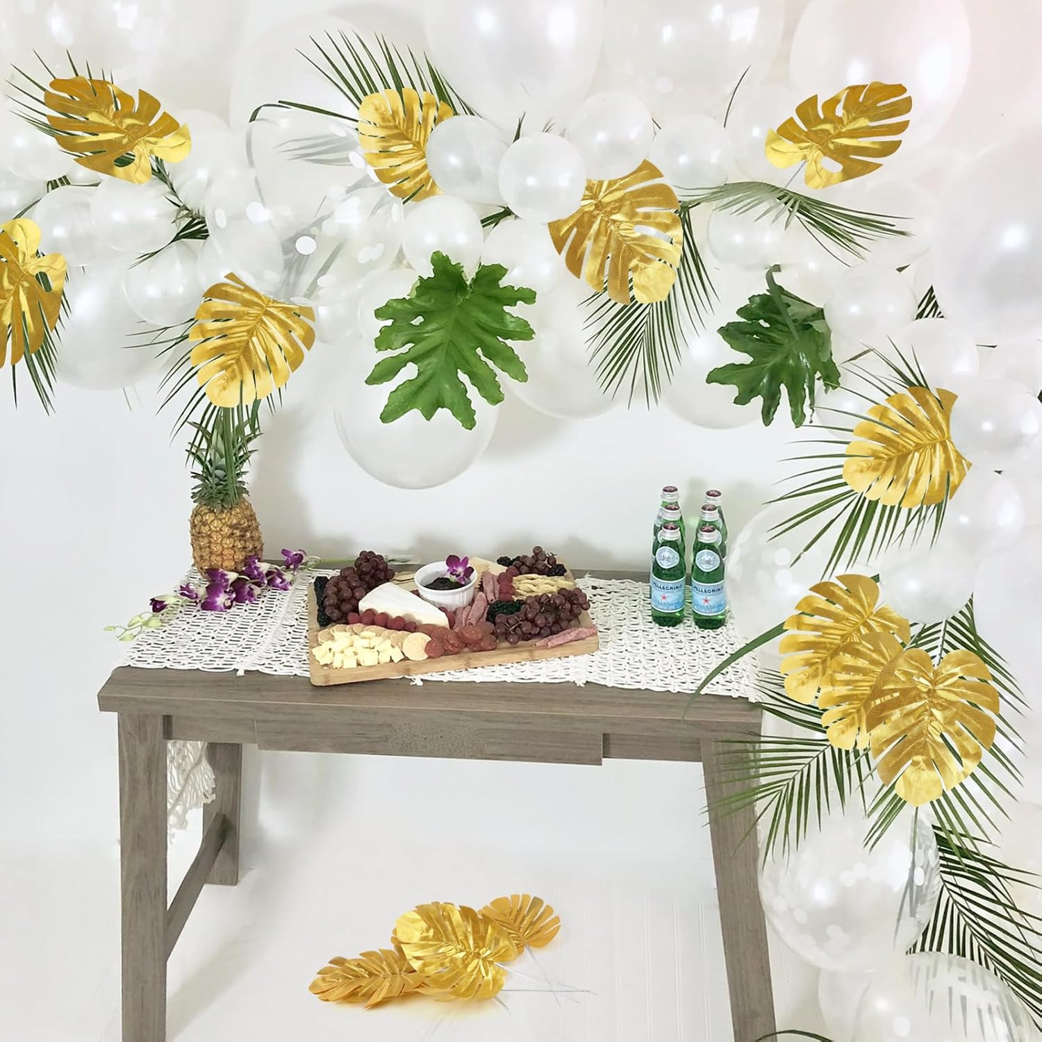 24PCS Golden Artificial Palm Leaves, 3 Sizes Faux Monstera Leaves Simulation Saf