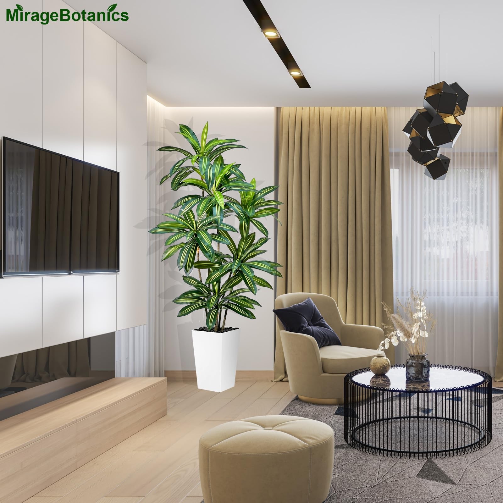 MirageBotanics Artificial Dracaena Tree 7FT Tall Fake Plant WhitePlanter