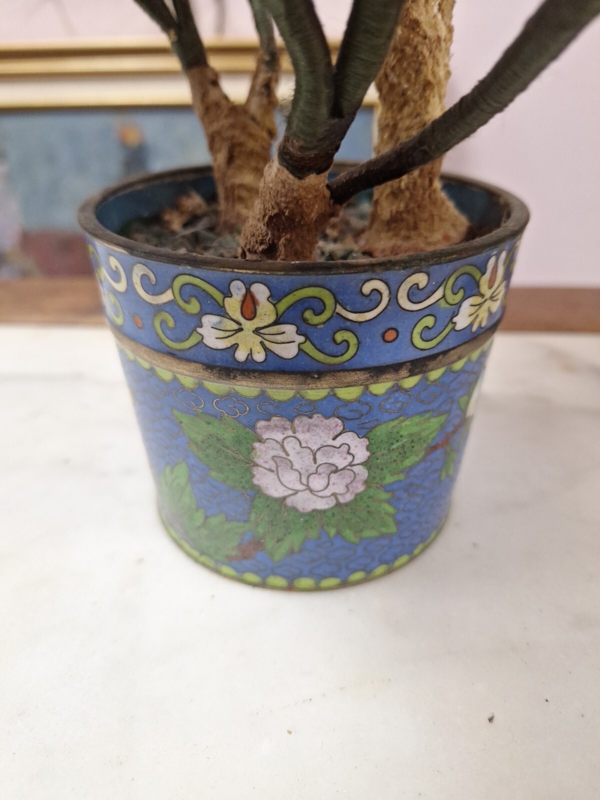 2 Hand Painted Japanese Flower Pots With Artificial Flowers With Jade 3.5″ Diam