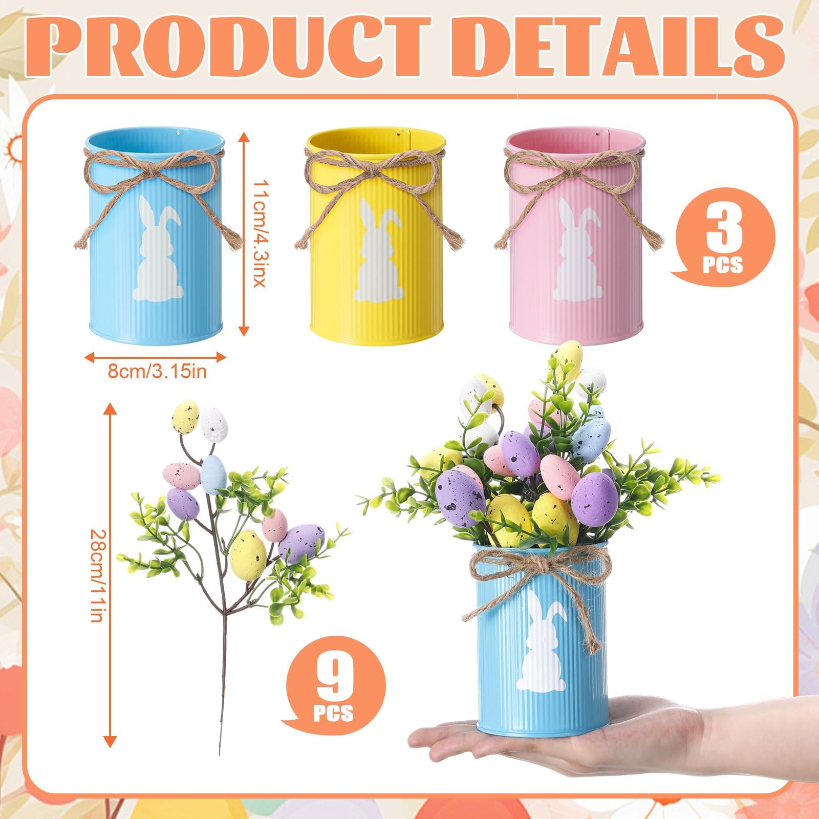 Easter Table Centerpiece Decorations, 3 Bunny Vase Centerpieces with 9 Artifi…