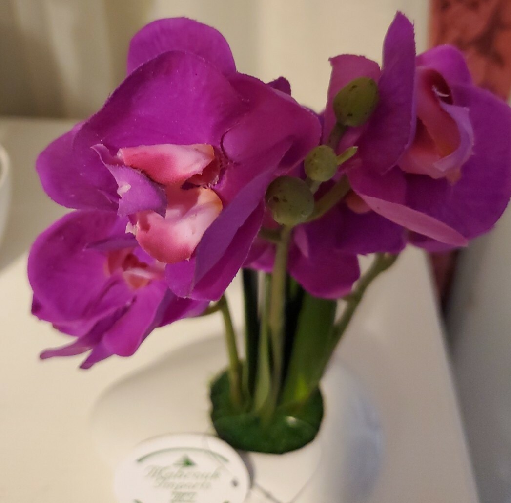 5″ × 3″ Ceramic Vase 9″ Artificial Orchids w 8 dark pink flowers, very realistic