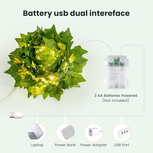 23 Ft LED Fake Ivy Vines with Fairy Lights – USB/Battery Operated Greenery Garla
