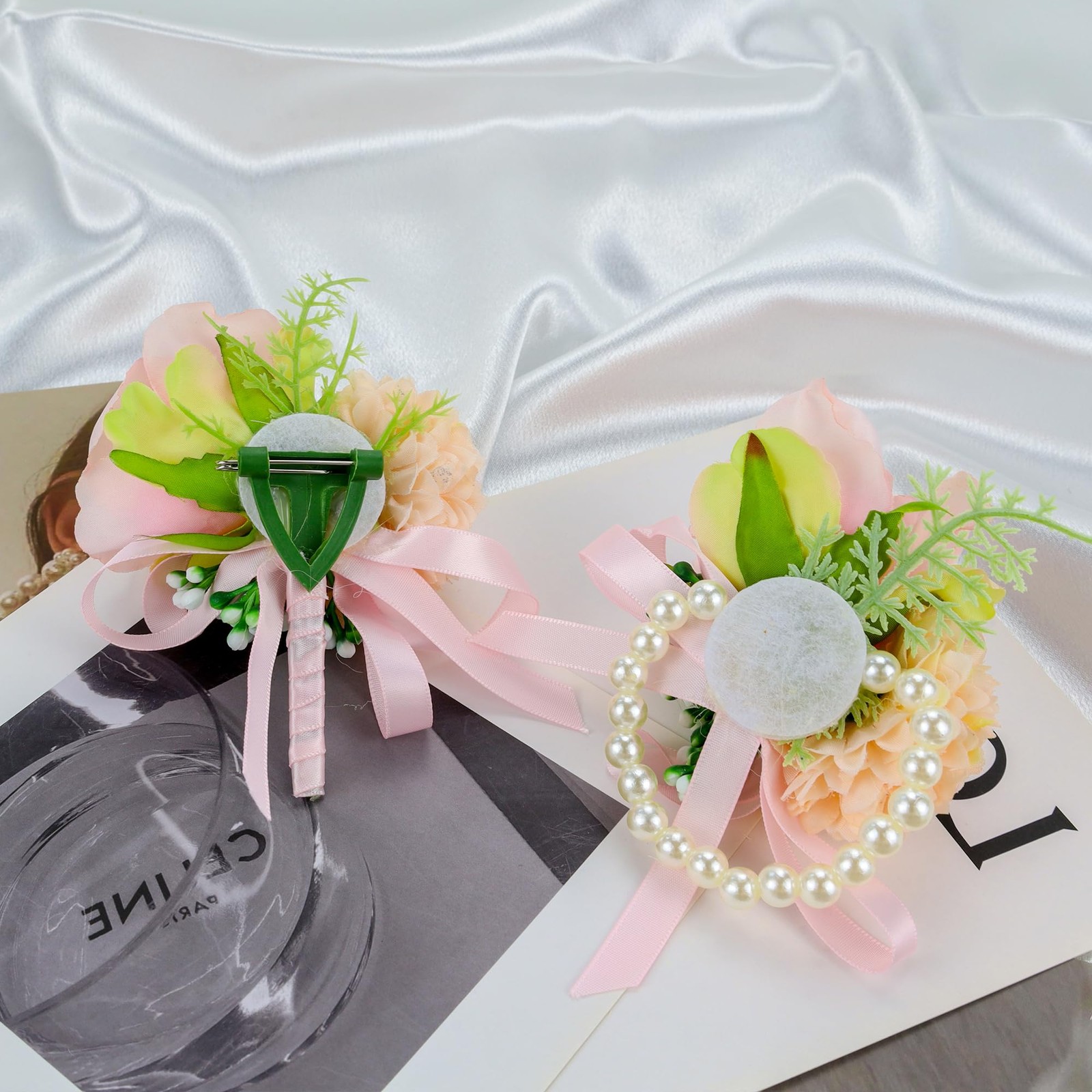 2 PCS Pink Wrist Corsage Boutonniere Set Prom Wedding Flowers Accessories