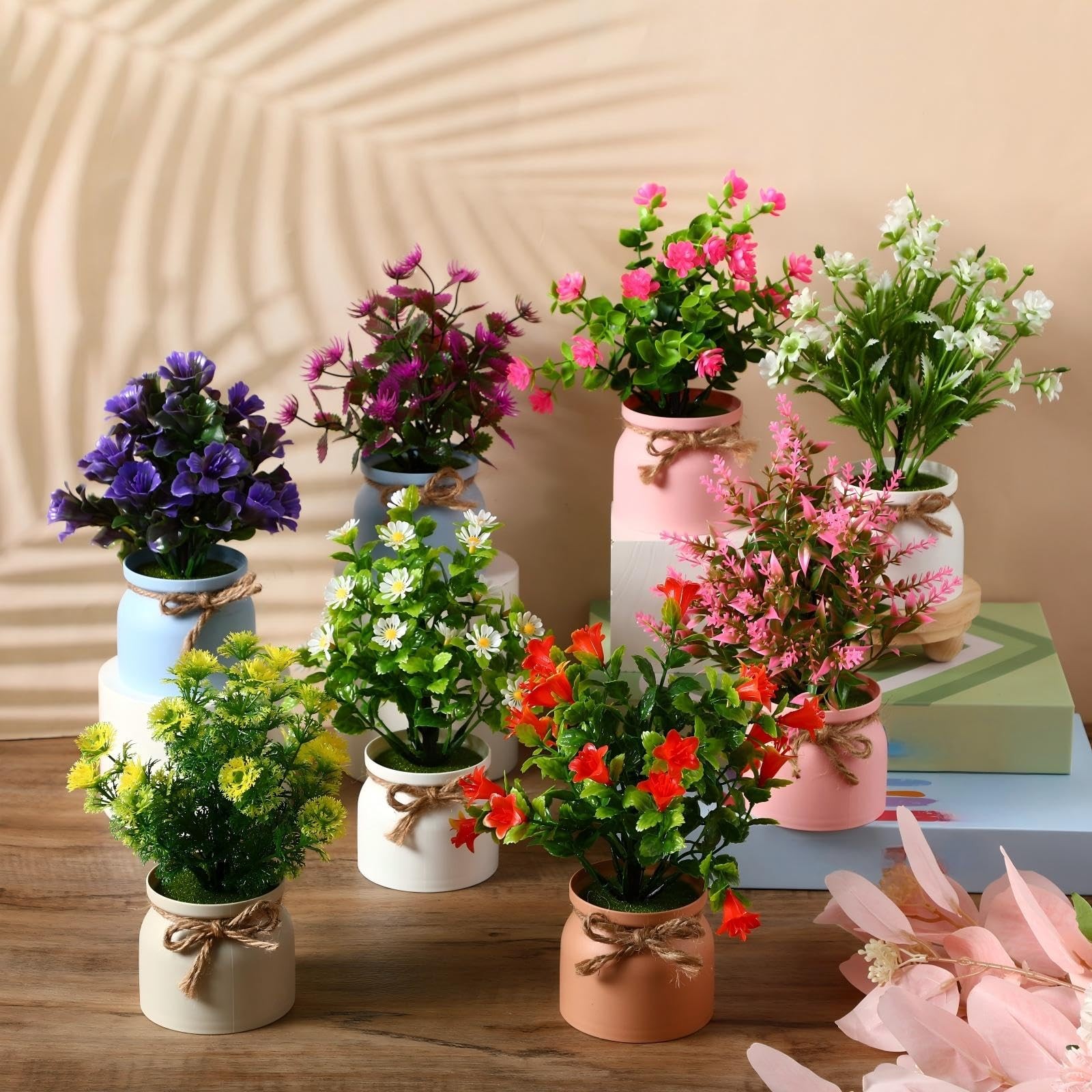 8 Pcs Artificial Potted Flowers 3×8 Inch Faux Small Plants Macaron Pot