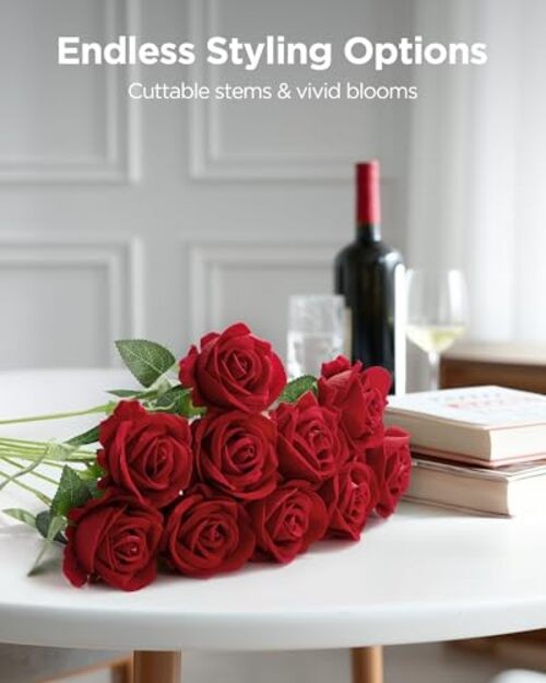 Pcs Roses Artificial Flowers, Fake Velvet Silk Rose Bulk Faux Flower 50 Red