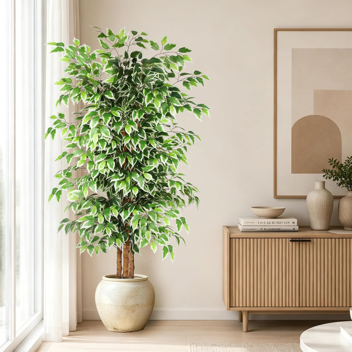 6Ft Ficus Artificial Tree, Tall Faux Trees Indoor with Natural Trunk and Fake Si