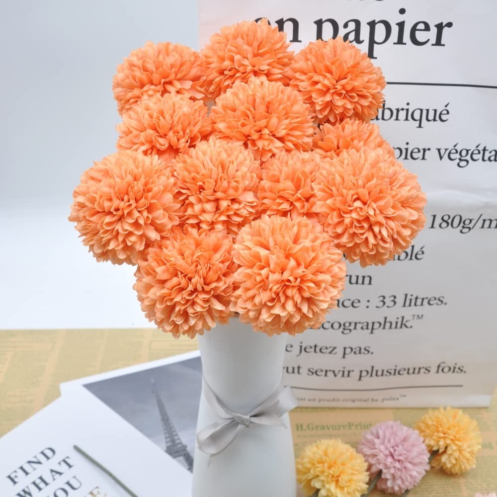 10PCS Artificial Chrysanthemum Ball Flowers, Bouquet, Autumn, Home, Orange