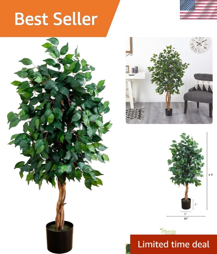 4ft Triple Trunk Ficus Silk Tree with Natural Wood Trunks and Dense Foliage, …