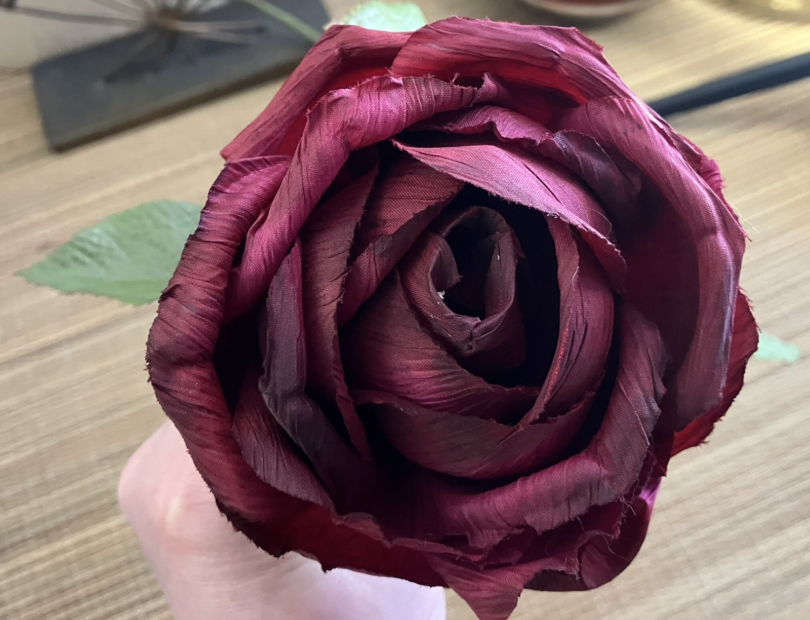 Vintage French 90’s Artificial Dark Red Cabbage ROSE Flower w/ Leaves, Long Stem