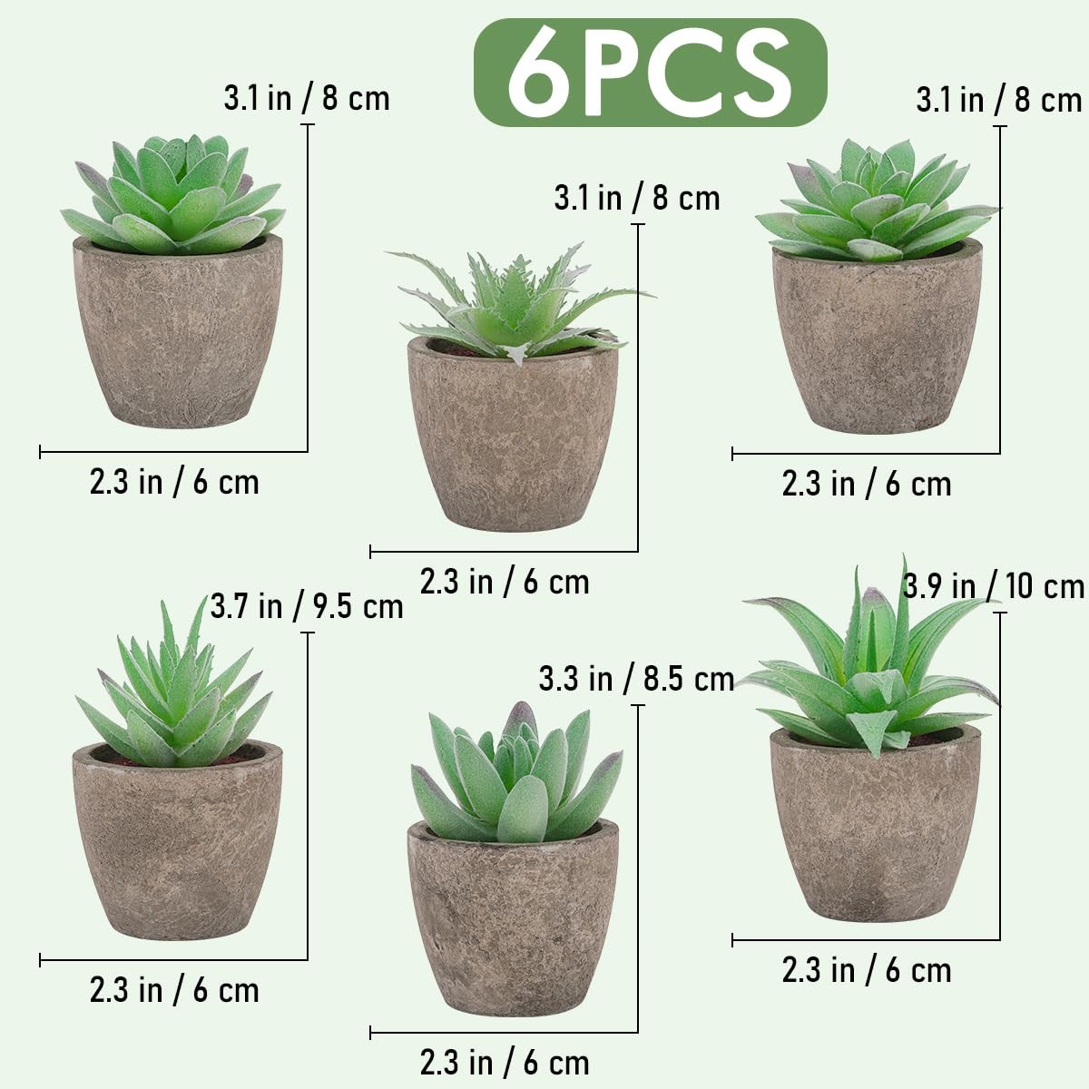 6pcs Assorted Faux Green Succulents Plastic Pots Shelf Windowsill Decor